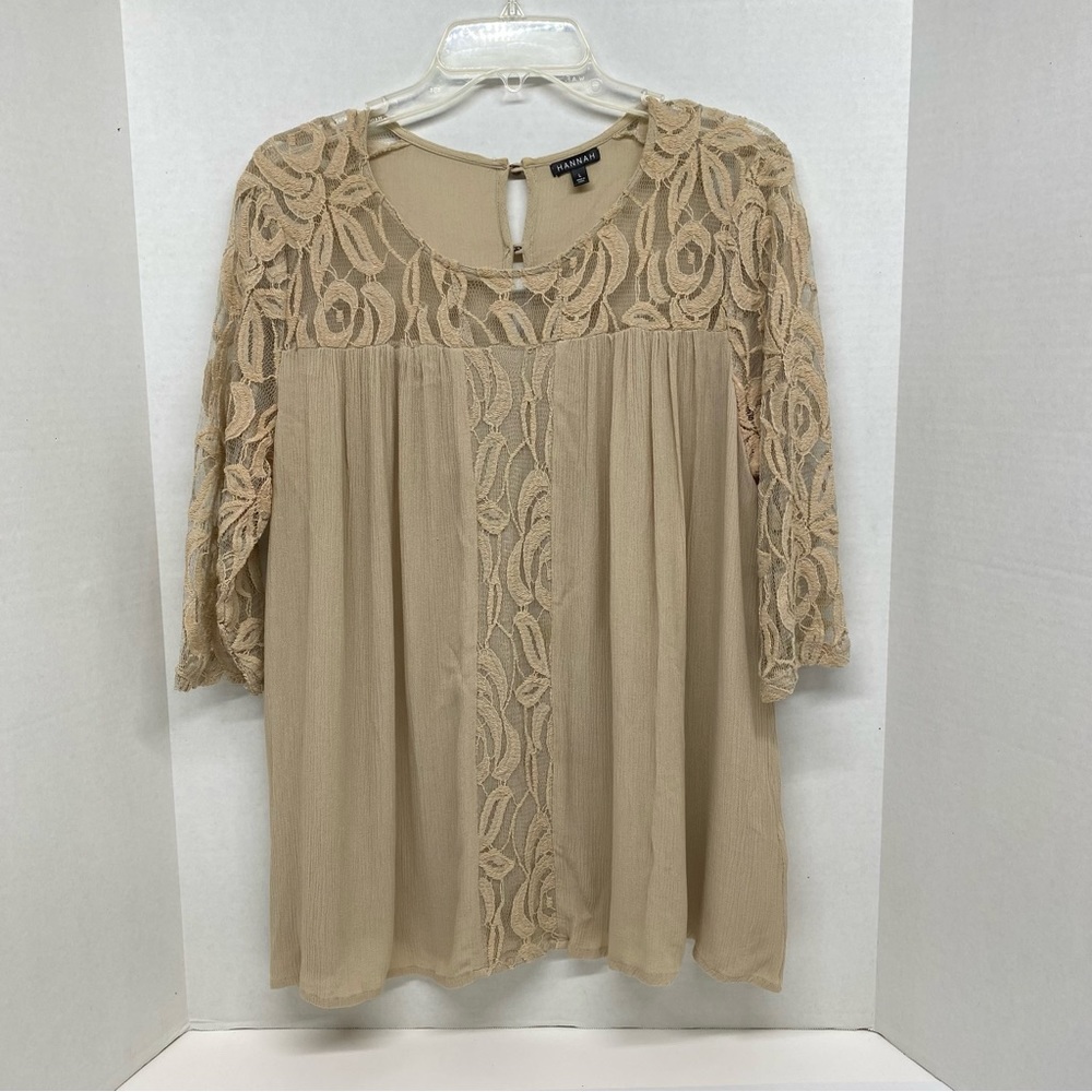 Hannah Tan Lace Sleeve Large Top W/Lace Accents Boho Prairie Cottage Core Flowy